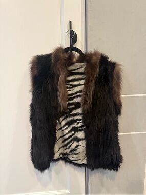 Fur Vest with Zebra Print Lining - Dark Brown